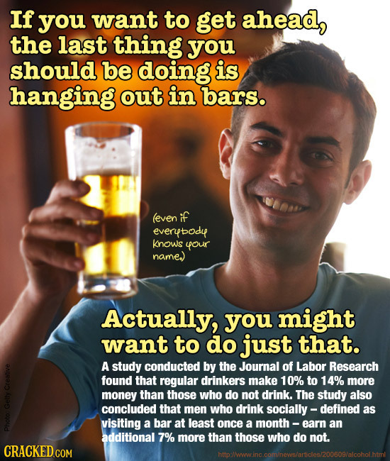 If you want to get ahead, the last thing you should be doing is hanging out in bars. (even if everpbodu knows your name) Actually, you might want to d