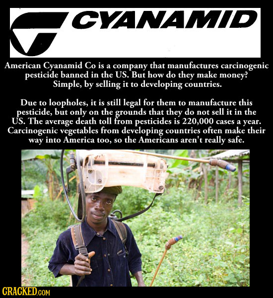 CYANAMID American Cyanamid Co is a company that manufactures carcinogenic pesticide banned in the US. But how do they make money? Simple, by selling i