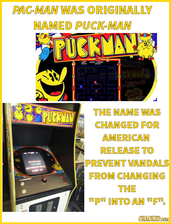 PAC-MAN WAS ORIGINALLY NAMED PUCK-MAN PUKLAS sdar HOAL SAE T CkMAW Oon PUKMAV THE NAME WAS CHANGED FOR AMERICAN RELEASE TO PREVENT VANDALS FROM CHANGI