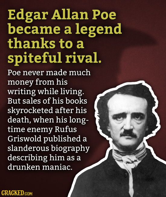 Edgar Allan Poe became a legend thanks to a spiteful rival. Poe never made much money from his writing while living. But sales of his books skyrockete
