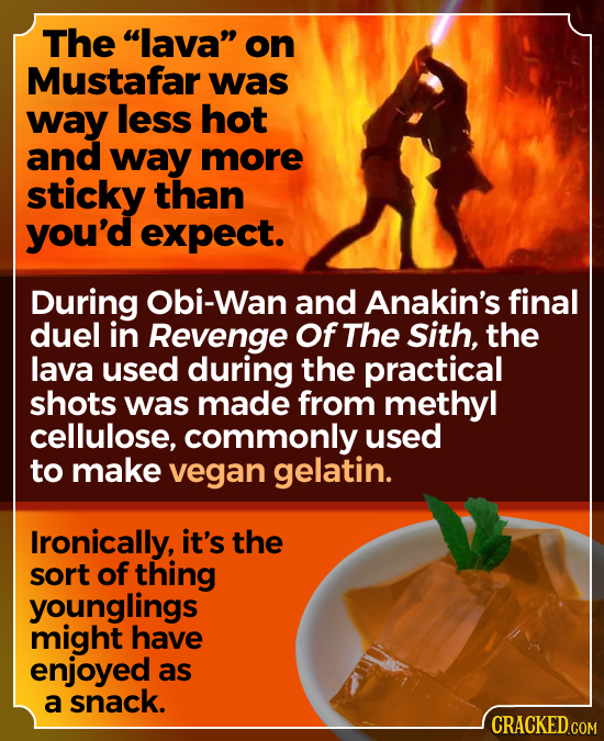 The lava on Mustafar was way less hot and way more sticky than you'd expect. During Obi-Wan and Anakin's final duel in Revenge Of The sith, the lava