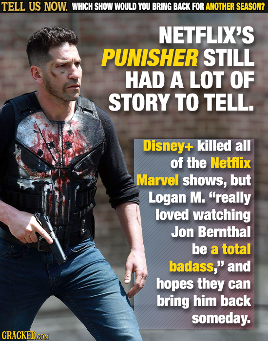 TELL US NOW. WHICH SHOW WOULD YOU BRING BACK FOR ANOTHER SEASON? NETFLIX'S PUNISHER STILL HAD A LOT OF STORY TO TELL. Disney+ killed all of the Netfli