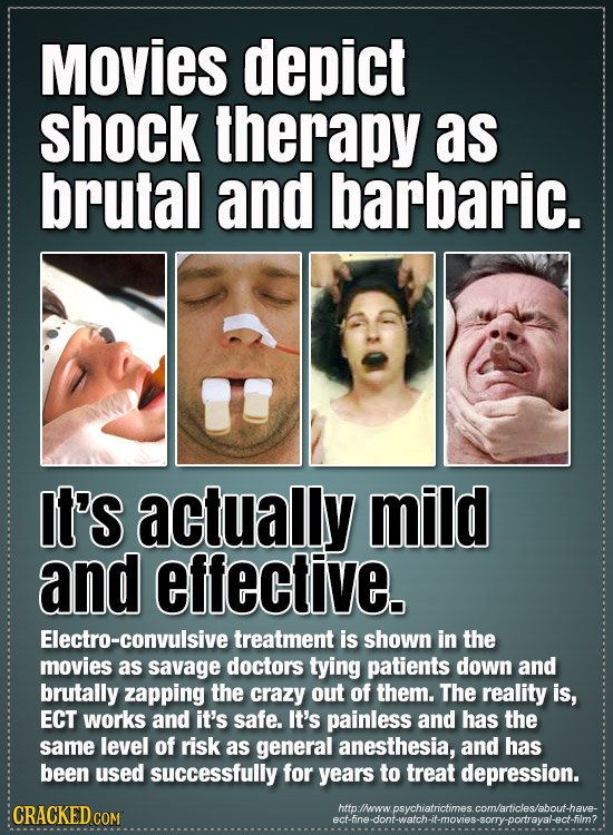 Movies depict shock therapy as brutal and barbaric. Il's actually mild and effective. Electro-convulsive treatment is shown in the movies as savage do