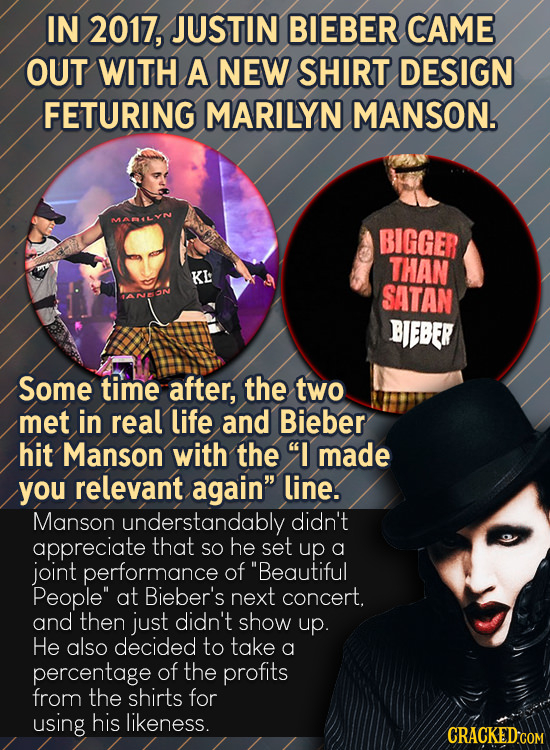 IN 2017, JUSTIN BIEBER CAME OUT WITH A NEW SHIRT DESIGN FETURING MARILYN MANSON. MARLEN BIGGER THAN KL SATAN ANEON BJEBER Some time after, the two met