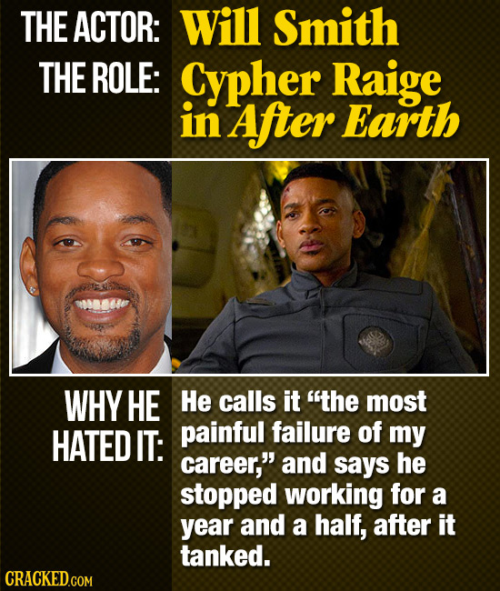 THE ACTOR: Will Smith THE ROLE: Cypher Raige in After Earth WHY HE He calls it the most HATED IT: painful failure of my career, and says he stopped 
