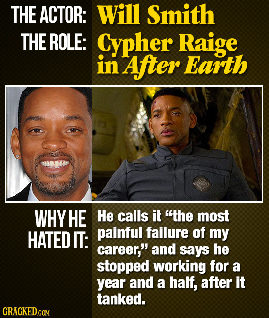 THE ACTOR: Will Smith THE ROLE: Cypher Raige in After Earth WHY HE He calls it the most HATED IT: painful failure of my career, and says he stopped