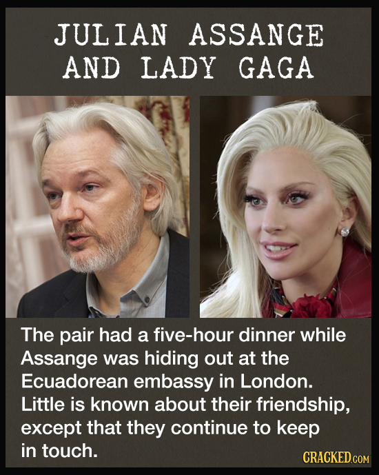 JULIAN ASSANGE AND LADY GAGA The pair had a five-hour dinner while Assange was hiding out at the Ecuadorean embassy in London. Little is known about t