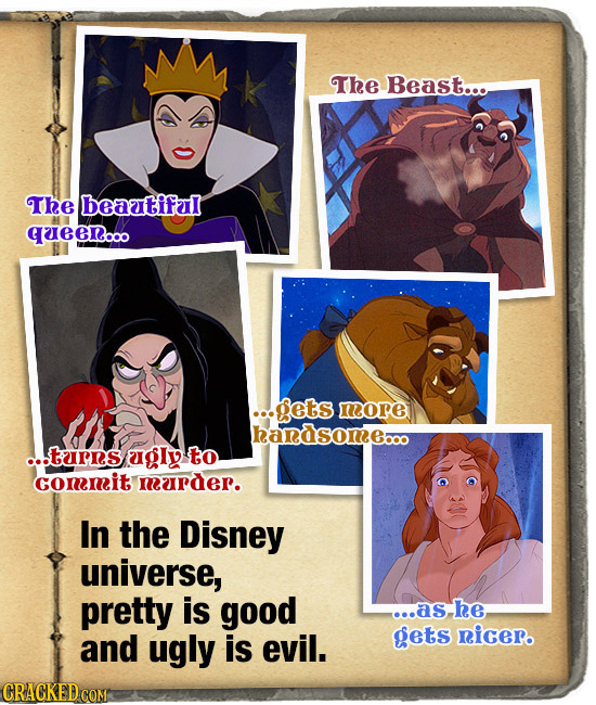 The Beast.... The beaatifal QEER.0 gets more handsome... .tarns agly to Gommit mrder. In the Disney universe, pretty is good as he and ugly is evil. g