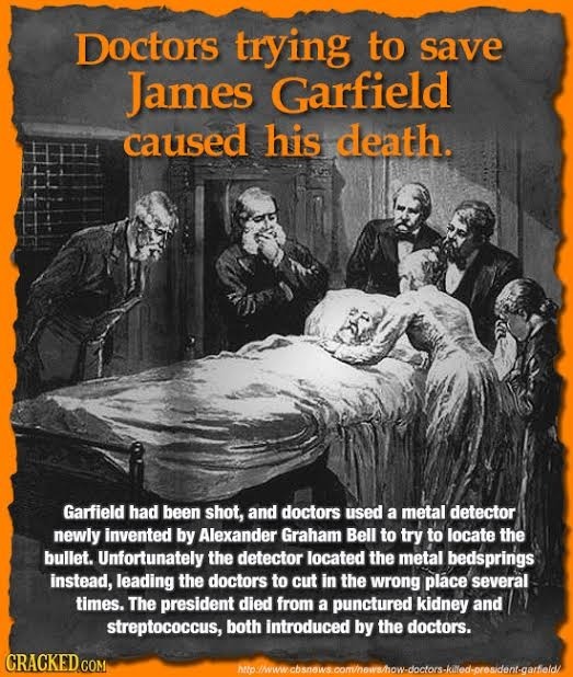 Doctors trying to save James Garfield caused his death. Garfield had been shot, and doctors used a metal detector newly invented by Alexander Graham B