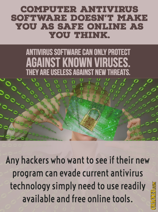 COMPUTER ANTIVIRUS SOFTWARE DOESN'T MAKE YOU AS SAFE ONLINE AS YOU THINK. ANTIVIRUS SOFTWARE CAN ONLY PROTECT AGAINST KNOWN VIRUSES. THEY ARE USELESS