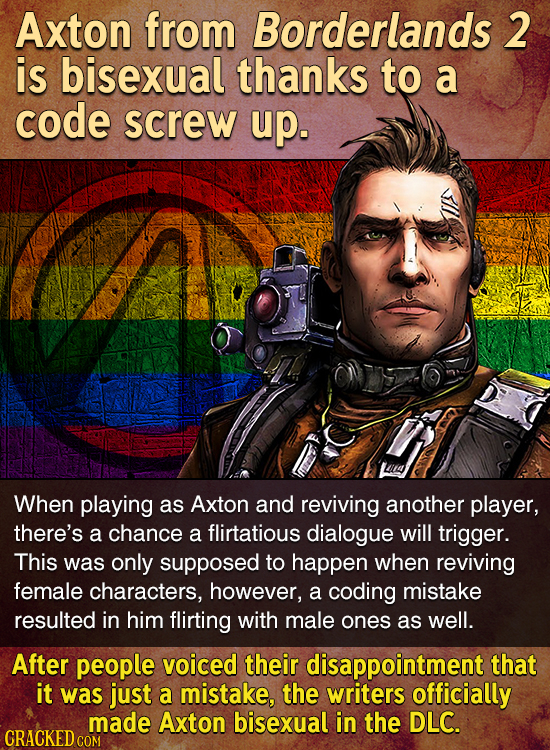 Axton from Borderlands 2 is bisexual thanks to a code screw up. When playing as Axton and reviving another player, there's a chance a flirtatious dial