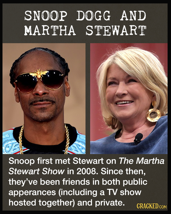 SNOOP DOGG AND MARTHA STEWART Snoop first met Stewart on The Martha Stewart Show in 2008. Since then, they've been friends in both public apperances (