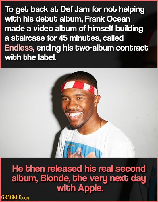 To get back at Def Jam for not helping with his debut album, Frank Ocean made a video album of himself building a staircase for 45 minutes, called End
