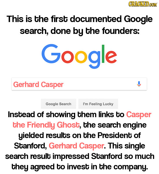 This is the first documented Google search, done by the founders: Google Gerhard Casper Google Search I'm Feeling Lucky Instead of showing them links 