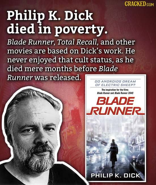 CRACKED.COM Philip K. Dick died in poverty. Blade Runner, Total Recall, and other movies are based on Dick's work. He never enjoyed that cult status, 