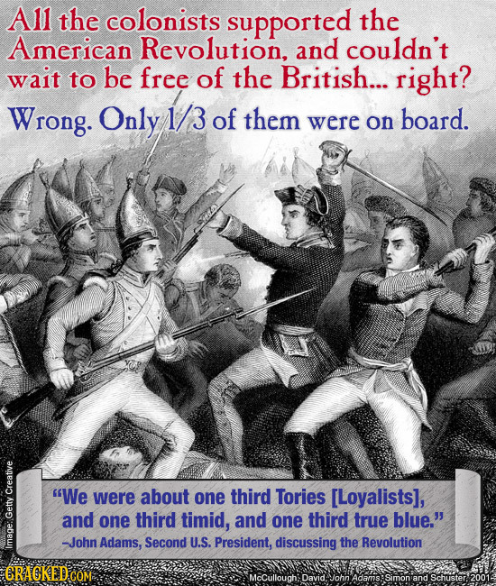 A11 the colonists supported the American Revolution, and couldn't wait to be free of the British... right? Wrong. Only 1/3 of them were board. on We