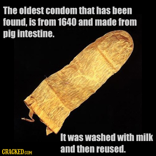The oldest condom that has been found, is from 1640 and made from pig intestine. It was washed with milk and then reused. CRACKED.COM 