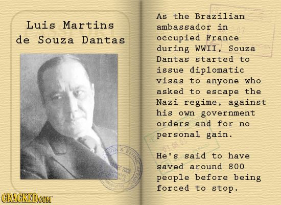 As the Brazilian Luis Martins ambassador in de Souza Dantas occupied France during WWII Souza Dantas started to issue diplomatic visas to anyone who a