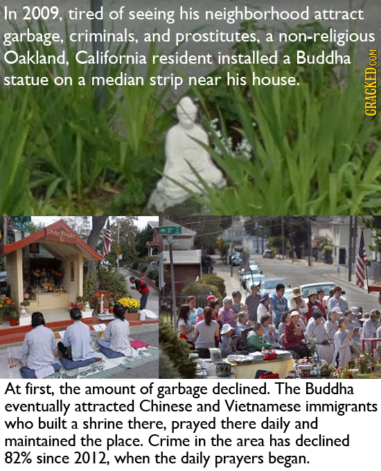 In 2009, tired of seeing his neighborhood attract garbage, criminals, and prostitutes, a non-religious Oakland, California resident installed Buddha a
