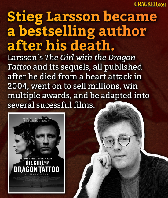 CRACKED.COM Stieg Larsson became a bestselling author after his death. Larsson's The Girl with the Dragon Tattoo and its sequels, all published after