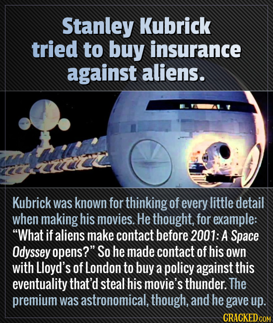 Stanley Kubrick tried to buy insurance against aliens. Kubrick was known for thinking of every little detail when making his movies. He thought, for e