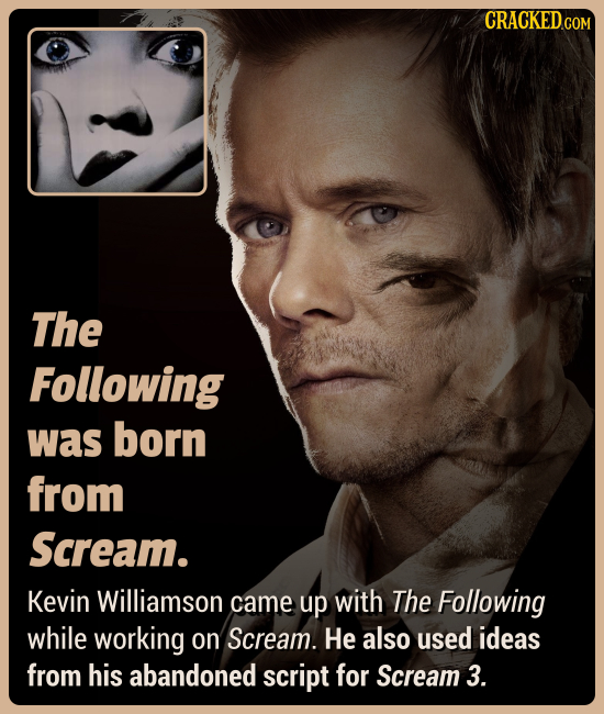 CRACKEDCON The Following was born from Scream. Kevin Williamson came up with The Following while working on Scream. He also used ideas from his abando