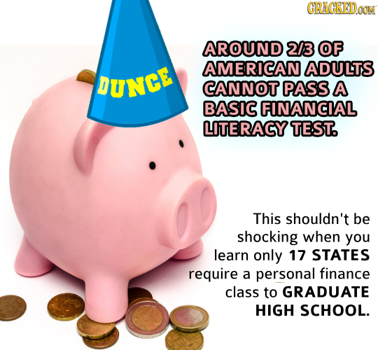 CRAGKEDOON AROUND 2/3 OF AMERICAN ADULTS DUNGE CANNOT PASS A BASIC FINANCIAL LITERACY TEST. This shouldn't be shocking when you learn only 17 STATES r