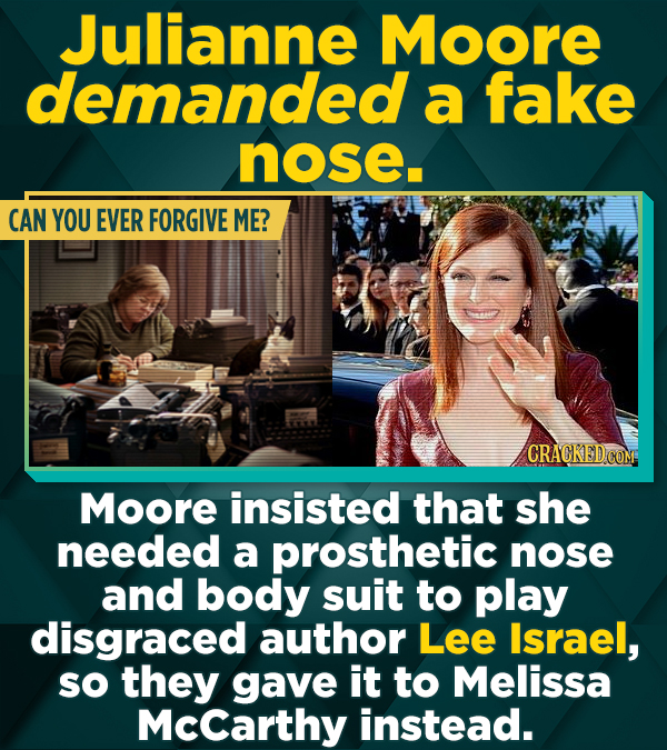 Julianne Moore demanded a fake nose. CAN YOU EVER FORGIVE ME? Moore insisted that she needed a prosthetic nose and body suit to play disgraced author