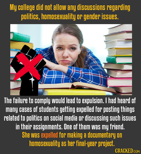 My ColLege did not allow any discussions regarding politics, homosexuality or gender issues. The failure to comply would lead to expulsion. I had hear