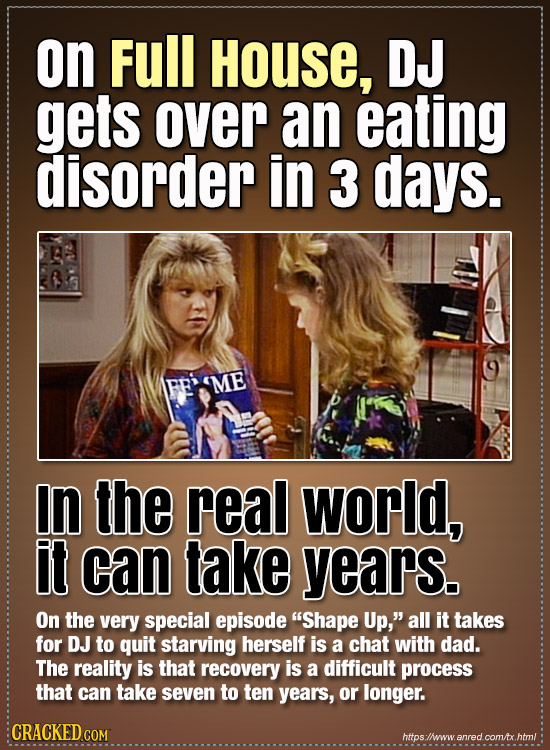 on Full House, DJ gets over an eating disorder in 3 days. ME In the real world, it can lake years. On the very special episode Shape Up, all it take