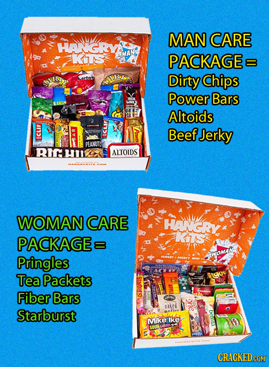 MAN CARE HANGRY KTS MAM PACKAGE S arto Dirty Chips Power Bars Altoids Beef Jerky EC ECLIF AR PEANUT: rotein SE 6B ALTOIDS a WOMAN CARE HANGRY PACKAGE