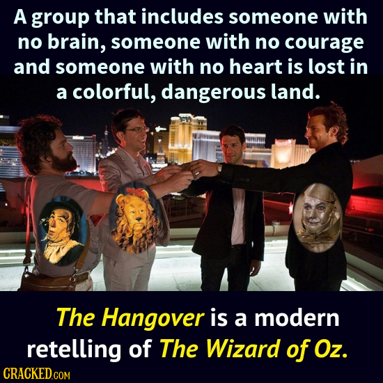 A group that includes someone with no brain, someone with no courage and someone with no heart is lost in a colorful, dangerous land. The Hangover is