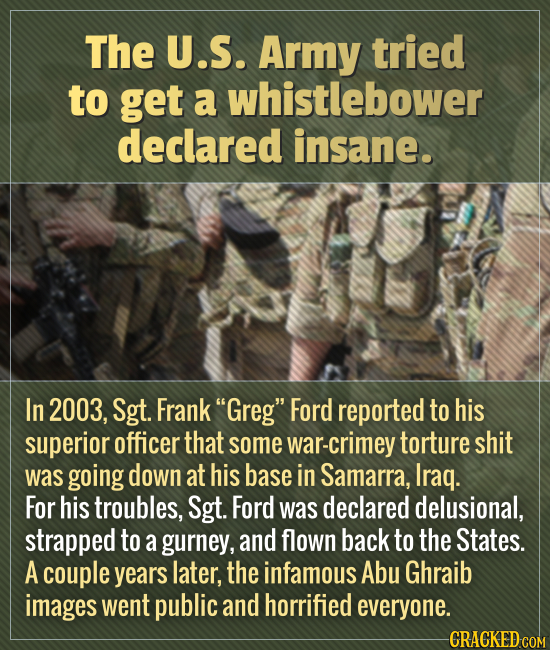 The U.S. Army tried to get a whistlebower declared insane. In 2003, Sgt. Frank Greg Ford reported to his superior officer that some war-crimey tortu