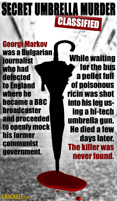 SECRET UMBRELLA MURDER CLASSIFIED Georgi Markov was a Bulgarian journalist While waiting who had for the bus defected a pellet full to England of pois