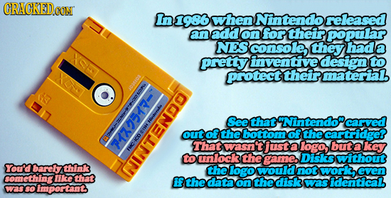 CRACKED CONT 01986 when Nintendo released an add on for their popular NES consoles they hade a ch pretty iventive design to protect theirmaterial. a e