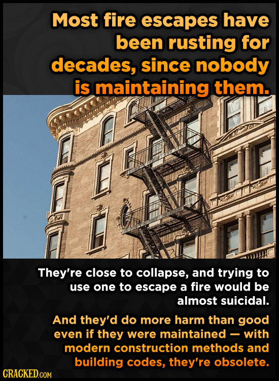 Most fire escapes have been rusting for decades, since nobody is maintaining them. They're close to collapse, and trying to use one to escape a fire w