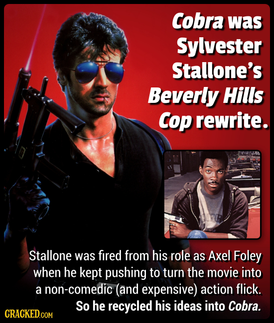 Cobra was Sylvester Stallone's Beverly Hills Cop rewrite. Stallone was fired from his role as Axel Foley when he kept pushing to turn the movie into a