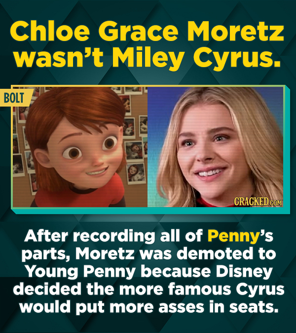 Chloe Grace Moretz wasn't Miley cyrus. BOLT CRACKED CON After recording all of Penny's parts, Moretz was demoted to Young Penny because Disney decided