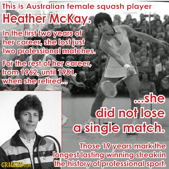 This is Australian female squash player Heather McKay. In the first two years of her career, she lost just two professional matches. For the rest of h