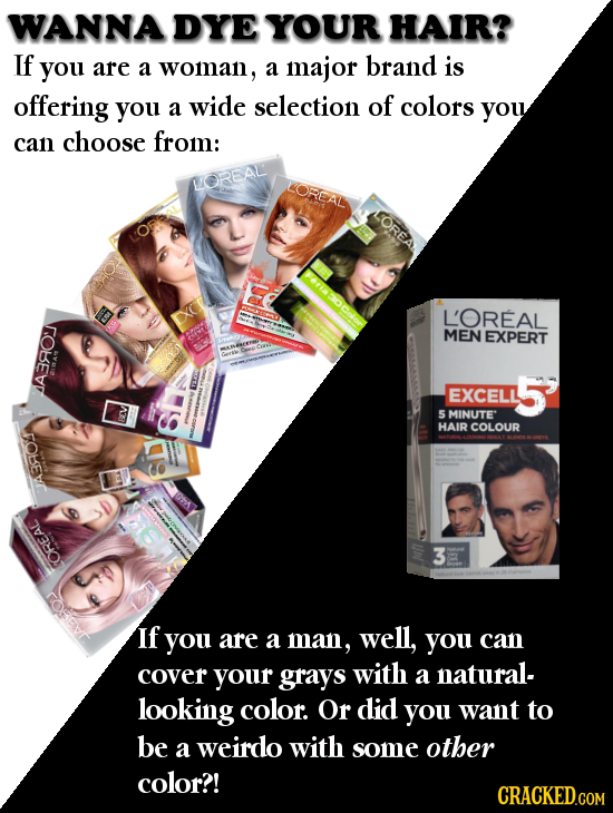 WANNA DYE YOUR HAIR? If you are a woman, a major brand is offering you a wide selection of colors you can choose from: WOREAL LOREAN L'OREAL MEN EXPER