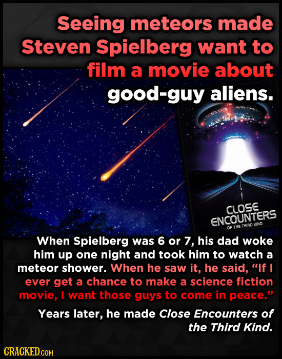 Seeing meteors made Steven Spielberg want to film a movie about good-guy aliens. CLOSE ENCOUNTERS THIRO KINO of THE When Spielberg was 6 or 7, his dad