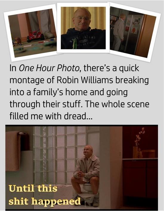 IS1D OSE In One Hour Photo, there's a quick montage of Robin Williams breaking into a family's home and going through their stuff. The whole scene fil