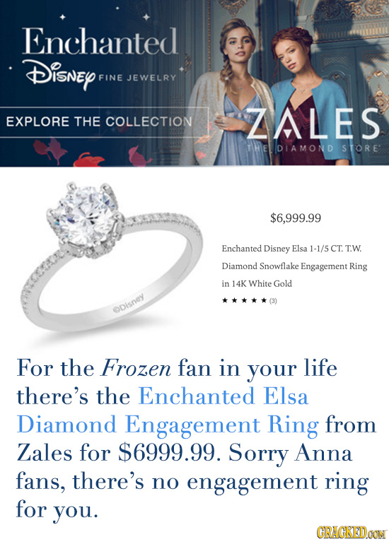 Enchanted Disney FINE JEWELRY ZALES EXPLORE THE COLLECTION THEDIAMOND S TORE $6,999.99 Enchanted Disney Elsa 1-1/5 CT. TW. Diamond Snowflake Engagemen