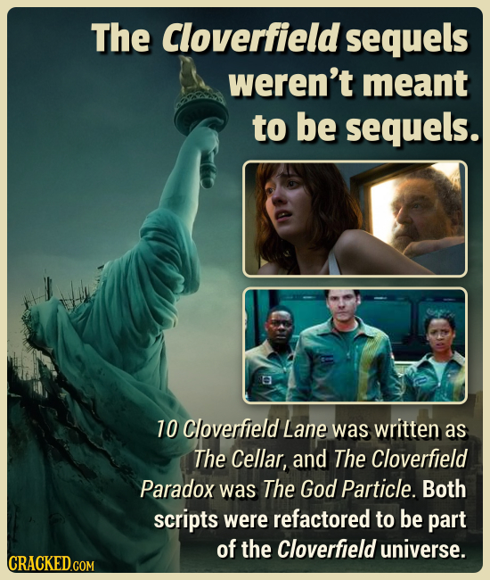 The Cloverfield sequels weren't meant to be sequels. e 10 Cloverfield Lane was written as The Cellar, and The Cloverfield Paradox was The God Particle
