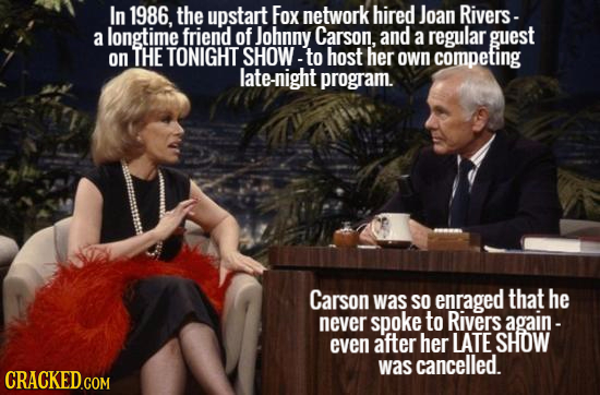 In 1986, the upstart Fox network hired Joan Rivers- a longtime friend of Johnny Carson, and a regular guest on THE TONIGHT SHOW- to host her own compe