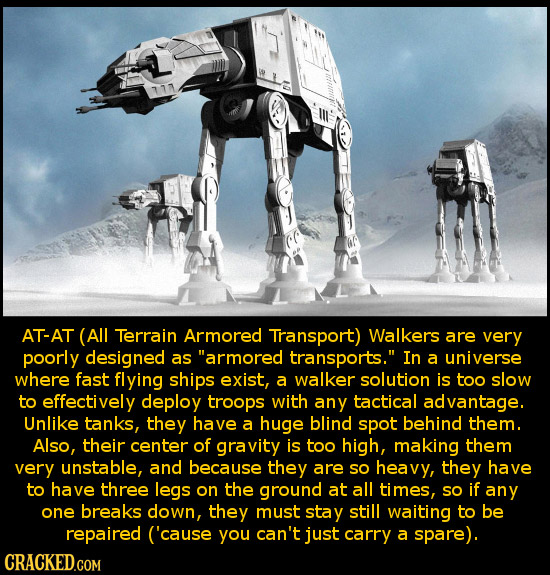 17171 AT-AT (All Terrain Armored Transport) Walkers are very poorly designed as armored transports. In a universe where fast flying ships exist, a w