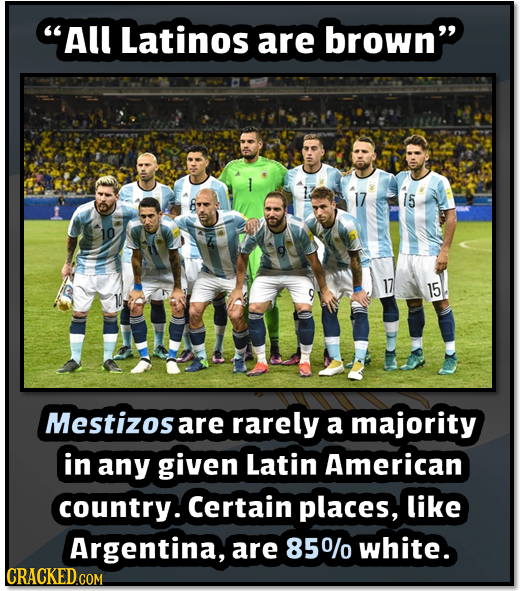 All Latinos are brown 15 10 17 15 Mestizosa are rarely a majority in any given Latin American country. Certain places, like Argentina, are 850/0 whi