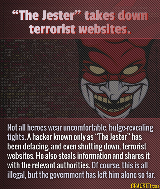 The Jester takes down terrorist websites. Not all heroes wear uncomfortable, bulge-revealing tights. A hacker known only as The Jester has been de
