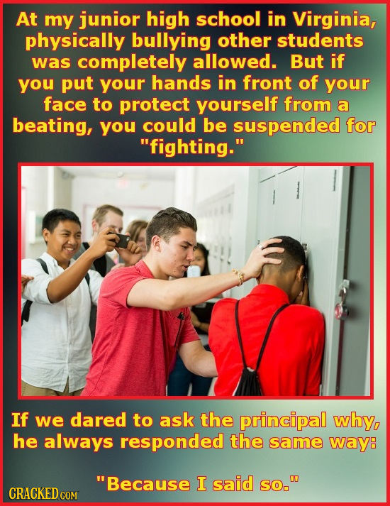 At my junior high school in Virginia, physically bullying other students was completely allowed. But if you put your hands in front of your face to pr