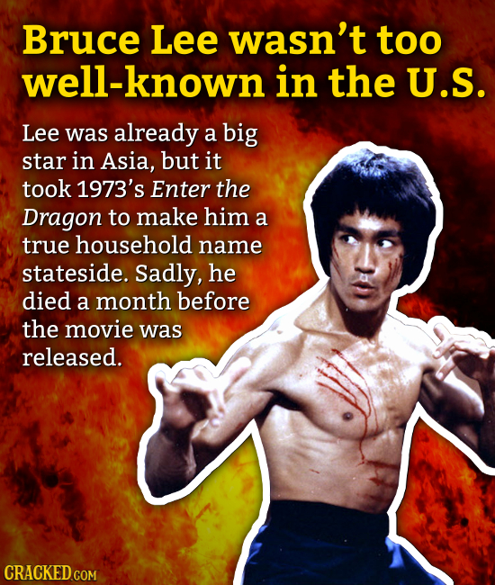 Bruce Lee wasn't too well-known in the U.S. Lee was already a big star in Asia, but it took 1973's Enter the Dragon to make him a true household name